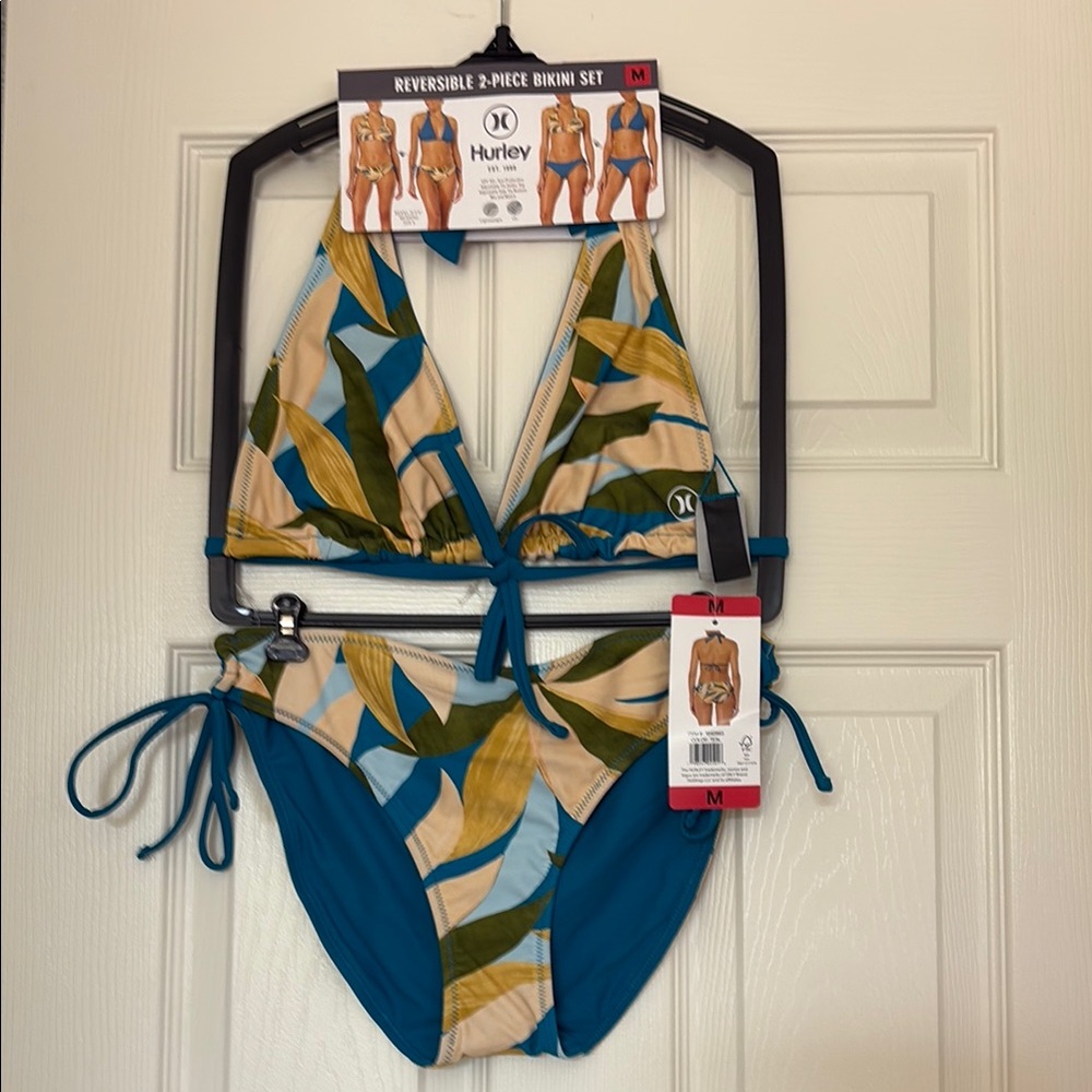 NWT Hurley Blue and Gold Reversible Bikini Set Swimwear